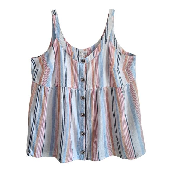 TERRA & SKY Plus 1X Tunic Tank Top Linen Blend Buttons Striped 1" Straps 44" - Picture 1 of 6